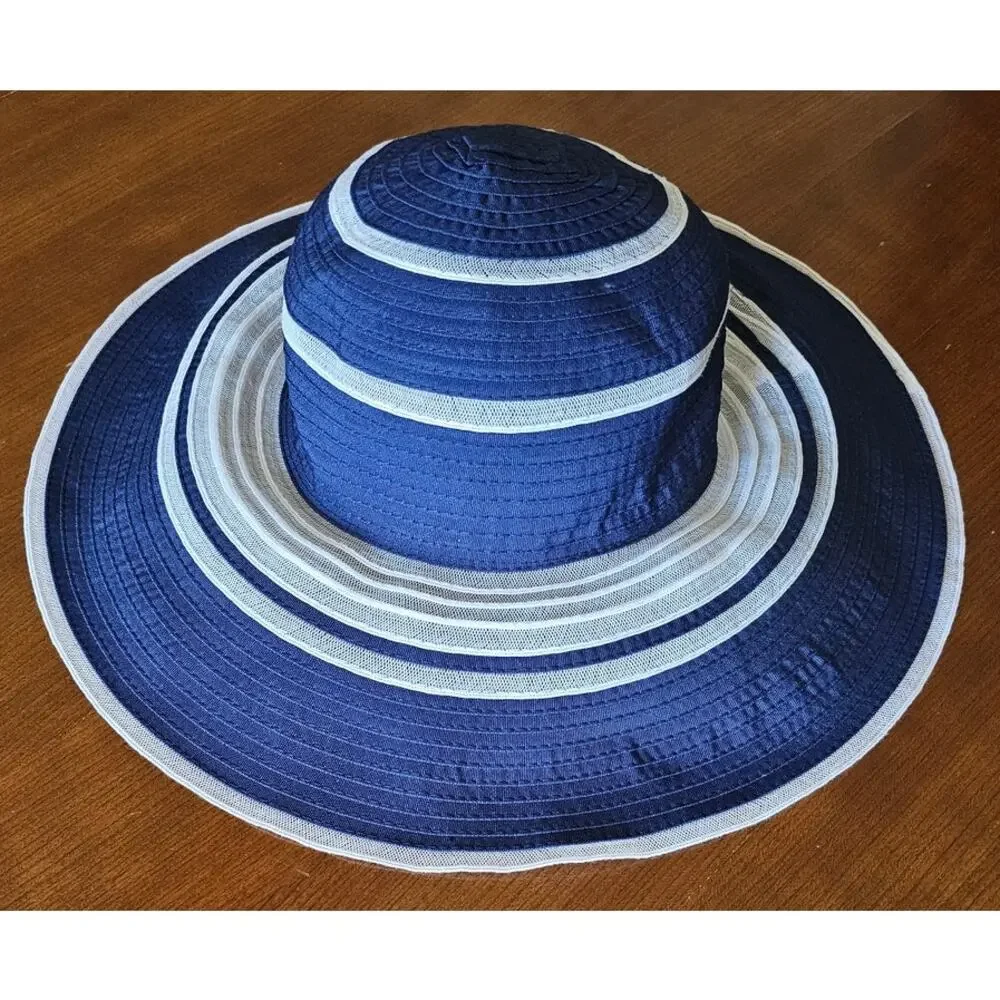 Lauren Ralph Lauren Blue & White Striped Floppy Wide Brim Sun Hat, Sz M